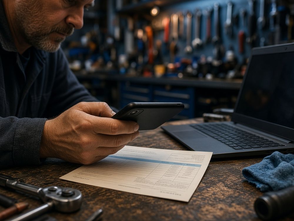 Garage owner photographing a supplier invoice with a phone